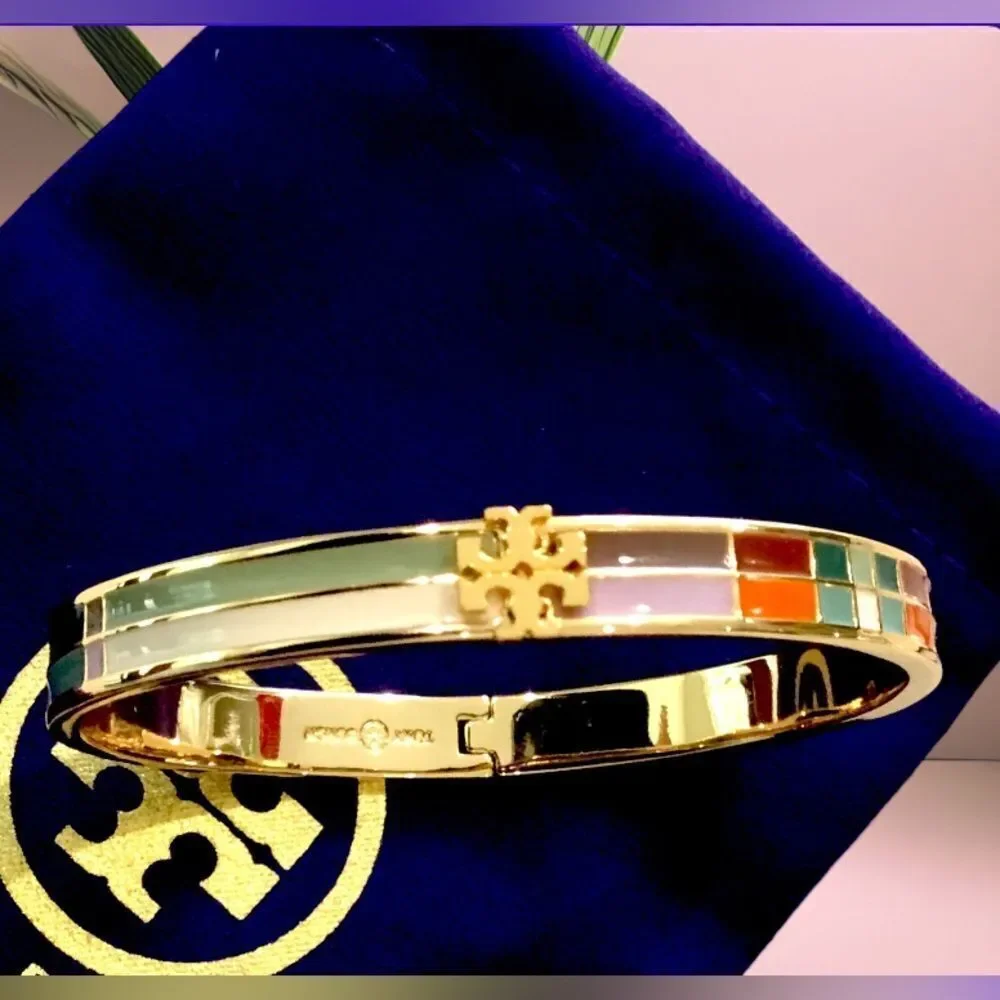 TORY BURCH MULTICOLORED LACQUERED ENAMEL LOGO BRACELET